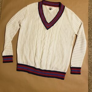 Tommy Hilfiger Women's V-Neck Sweater with Red and Blue Accents